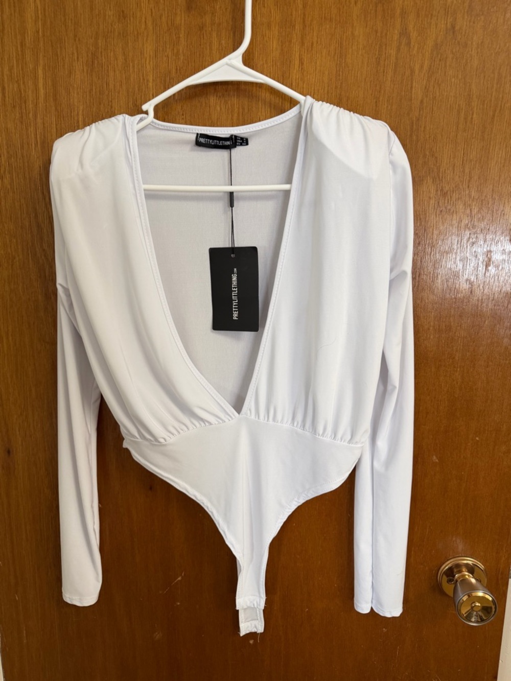 PrettyLittleThing White Plunge Long Sleeve Bodysuit